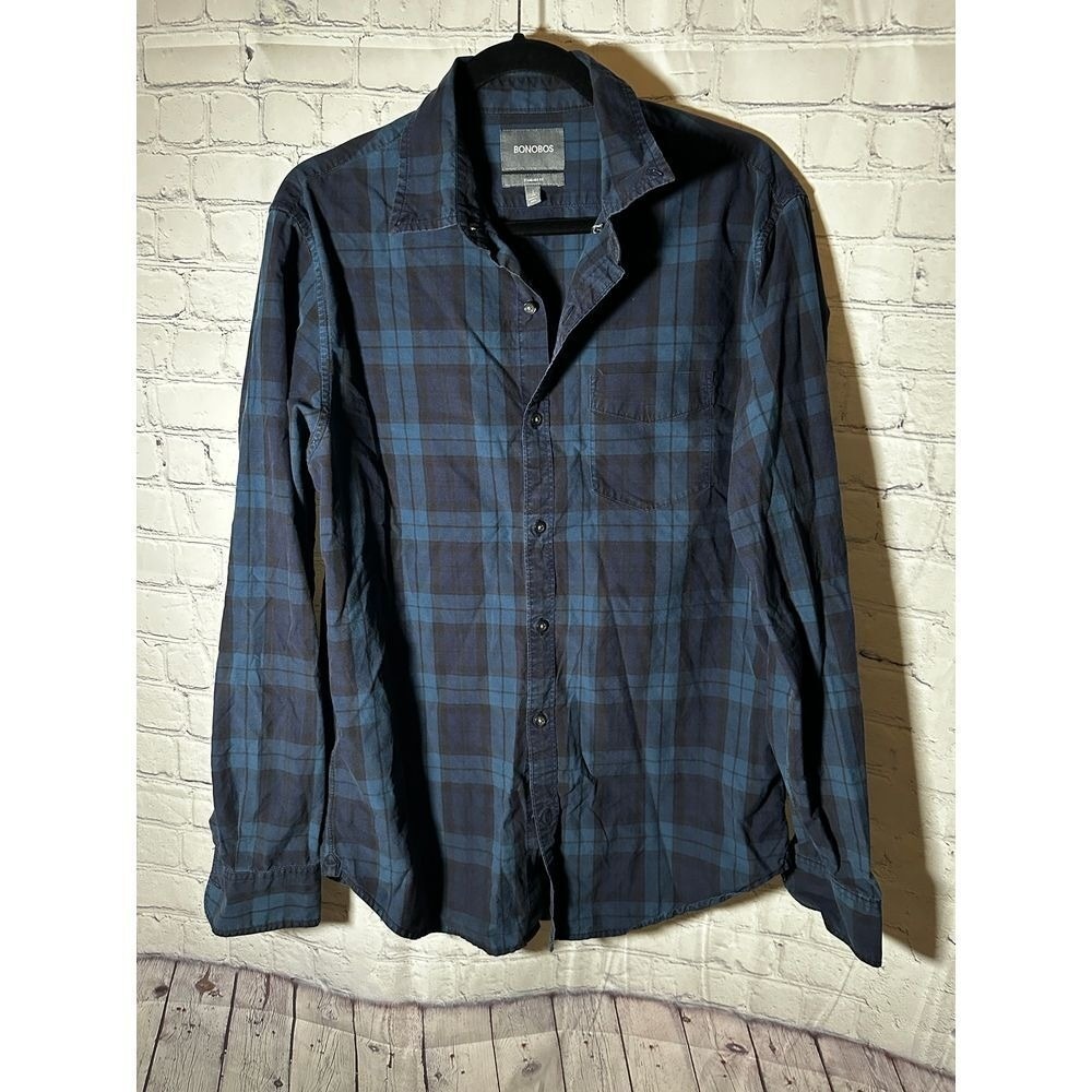 Bonobos Mens L Long Standard Fit Plaid Button Down Shirt Blue Black Check